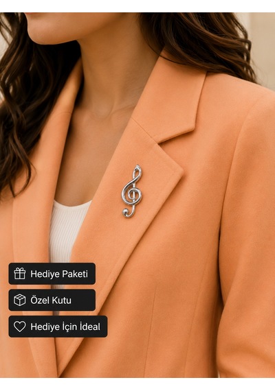 Sol Anahtarı Tasarımlı Gümüş Renk Müzik Nota Broşu Kadın Yaka Aksesuarı Açık Gri