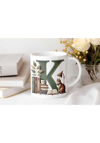 K Harf Kedi Ve Kitaplar Figürleri İle Kupa Bardak - Kitap Ve Kedi Severlere Özel - Manevi Hediye Beyaz