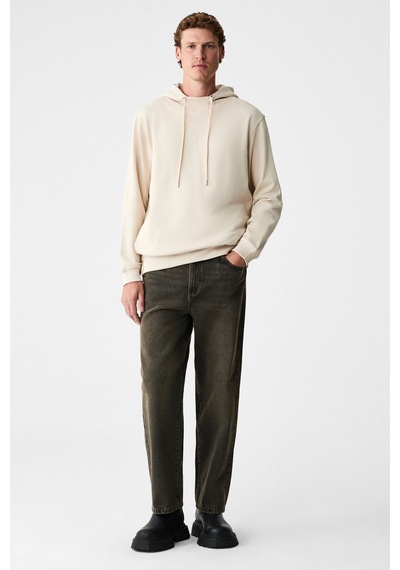 Grimelange Alessıo Erkek %100 Pamuk Kapüşonlu Kordon Detaylı Oversize Fit Bej Sweatshirt Bej