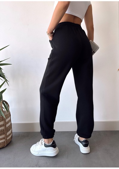 Gugus Trend Kadın Kışlık Kalın İçi Polarlı Yüksek Bel Paçası Lastikli Basic Jogger Eşofman Altı Siyah