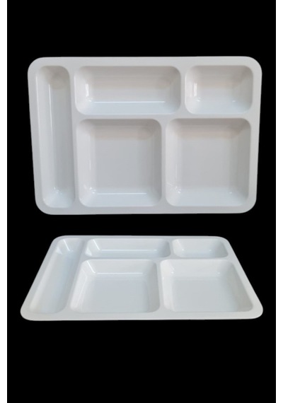 %100 Kırılmaz 12'li Melamin 5 Bölmeli Tabldot Yemek Servis Tabağı - 40x28 Cm Beyaz Beyaz