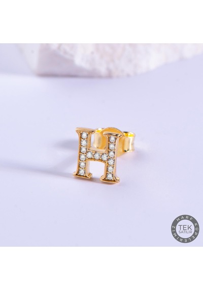 14 Ayar Altın Taşlı H Harf Küpe 0,57 Gr-6014