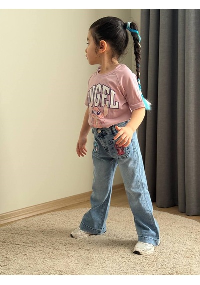 Boyboy Kidswear Kız Çocuk Stitch Baskılı Tişört Ve Denim Pantolon Takım Mavi Çok Renkli