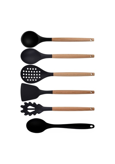 Siyah Bambu Silikon 6'li Mutfak Seti, Kepçe, Kaşık, Kevgir, Makarna Kavanozu, Spatula, Silikon Kaşık Diğer