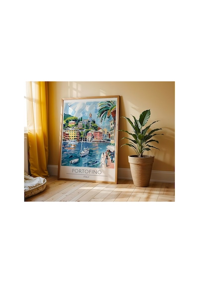 Portofino Italy Travel Poster Ahşap Çerçeveli Dekoratif Duvar Tablosu Ahşap 01