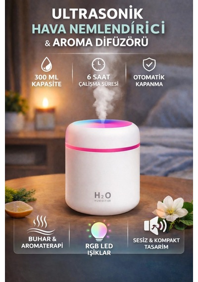 300 Ml Ultrasonik Led Işıklı Hava Nemlendirici Aroma Difüzörü Çiçeksi