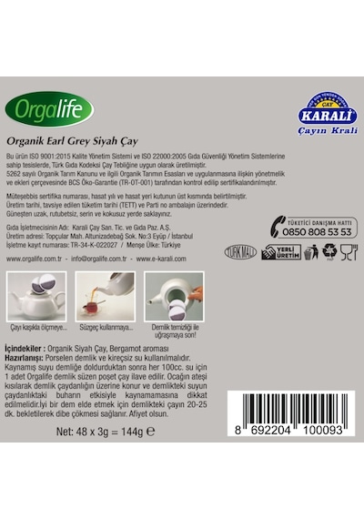 Orgalife Organik Siyah Early Grey Demlik Poşet Çay 48 x 3 G