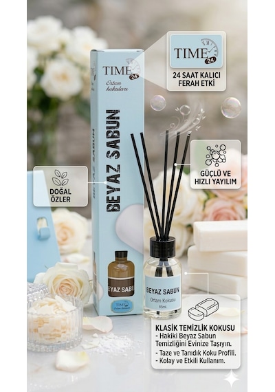 Tıme24 Beyaz Sabun Oda Kokusu 50 Ml Çubuklu Ortam Kokusu Kalıcı Ferah Ev & Ofis Kokusu Reed Diffuser Diğer