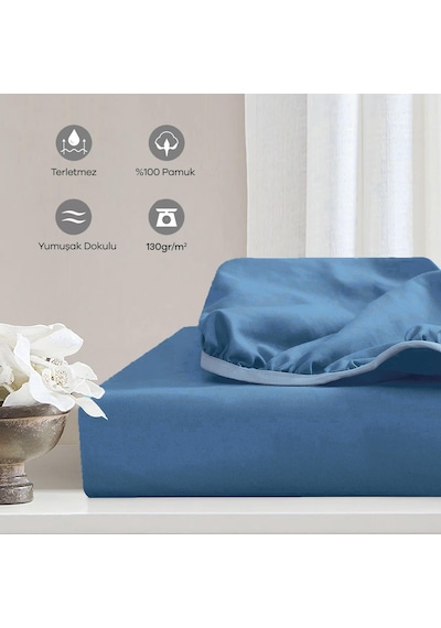 Soley Jersey %100 Pamuk Çift Kişilik 140 X 200 Lastikli Çarşaf İndigo Mavi