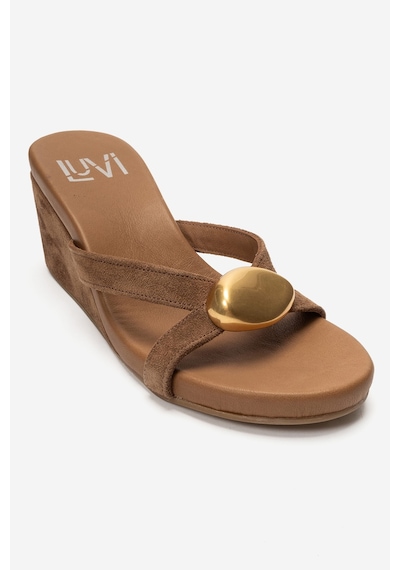 Luvi Shoes Caterına Toprak Süet Hakiki Deri Tokalı Kadın Dolgu Topuklu Terlik