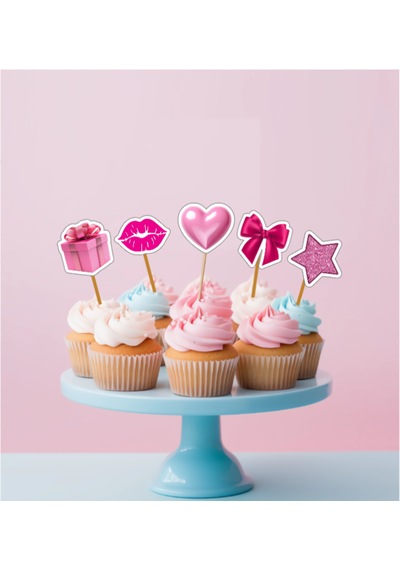 15 Adet Pembe Kalp Yıldız Pasta Kürdanı 5cm Cupcake Pasta Süsü