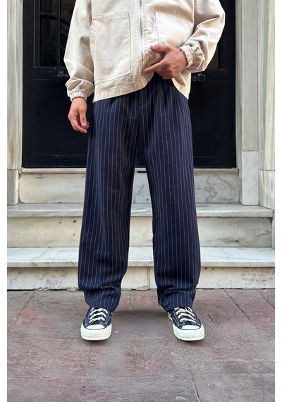 Flaw Atelier Çizgili Vintage Kumaş Pantolon Lacivert Lacivert Flaw Atelier Çizgili Vintage Kumaş Pantolon Lacivert Lacivert