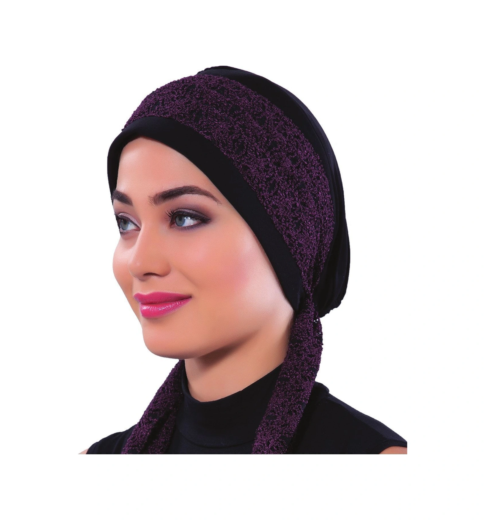 Elysianfidan Buklet Bandana Bağlamalı Siyah Mor Hazır Türban Tesettür Bone Siyah-mor