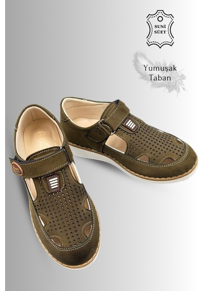 Sermoda Çocuk Sandalet - Cırtlı Süet Yumuşak Taban Erkek Çocuk Sandalet Haki