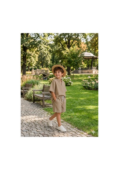 Eray Alp Kids Erkek Çocuk Bej Keten Tişört Şort Takımı Yazlık Günlük Model