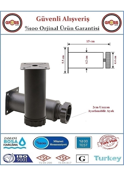 Metal Ayarlanabilir Koltuk - Mobilya - Baza Ayağı - 15cm - 2 Adet Siyah