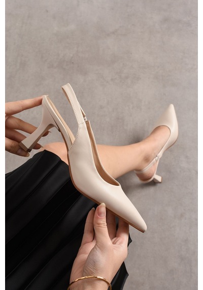 Dabab Shoes Kadın Bej Cilt Sade Arkası Açık Sivri Burun İnce Topuklu Ayakkabı
