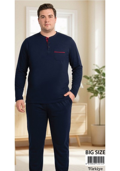 Melodi 45014 Uzun Kol %100 Pamuk Battal Büyük Beden Erkek Pijama Takımı Lacivert