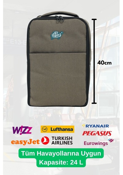Jet Turtle Seyahat Sırt Çantası 40cm 40x25x15 Cm Pegasus, Wizz Air, Ryanair, El Valizi Koltuk Altı Valizi Açık Haki Kanvas