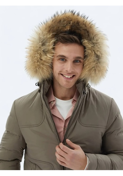 Kip Vizon Regular Fit Kapüşonlu Casual Dokuma Mont VIZON