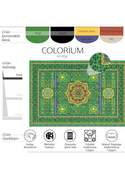 Cool Halı Colorium Yeşil Salon Oturma Odası Halısı Etnik Desenli Saçaksız Dört Mevsim Şönil Halı
