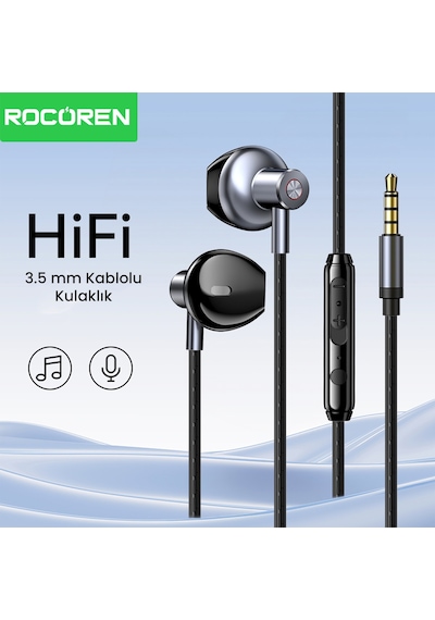 Rocoren 3.5mm Jack Girişli Mikrofonlu Kablolu Kulak İçi Kulaklık Universal