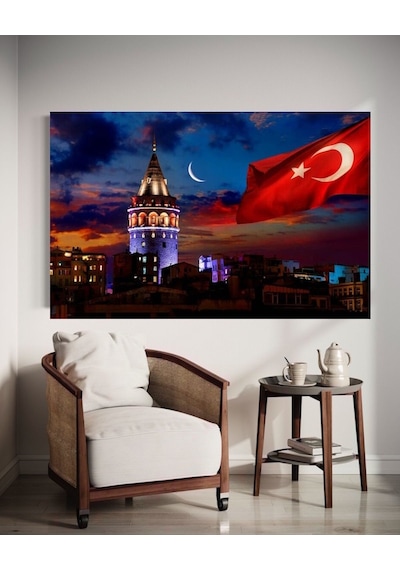 Yatay Galata Kulesi Ve Bayrak Ev Duvar Salon Güzellik Salonu Ofis Dükkan Dekarasyon Kanvas Tablo