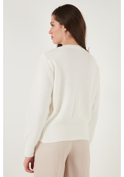 Lela Premium Comfort Fit Yuvarlak Yaka Crop Triko Bayan Hırka 680Hi00164 Ekru