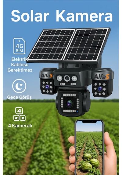 4g 4 Kameralı Sım Kartlı Elektriksiz Kablosuz Bahçe Depo Arazi İçin Çift Güneş Paneli Solar Kamera