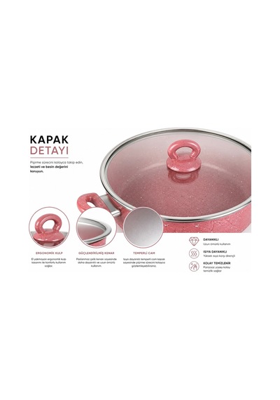 7 Parça Premium Granit Tencere Seti 26 Cm Yapışmaz Tencere Tava Seti Cam Kapaklı Bpa Free Pembe