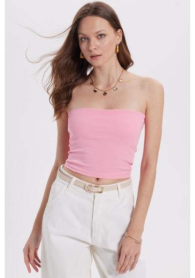 Tudors Kadın Slim Fit Dar Kesim Pamuklu Straplez Pembe Bluz-38845 Pembe