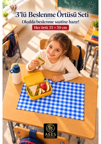 3 Lü Set Yıkanabilir Beslenme Örtüsü 35x50 Cm Mavi Beyaz Kareli - Anaokulu Ve İlkokul