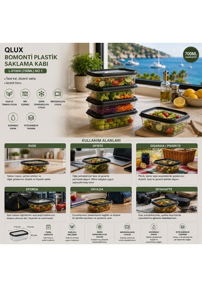 Qlux L-01004 No-1 Bomonti Plastik Saklama Kabı 4'lü Set - 700 Ml- 6'li Paket Diğer