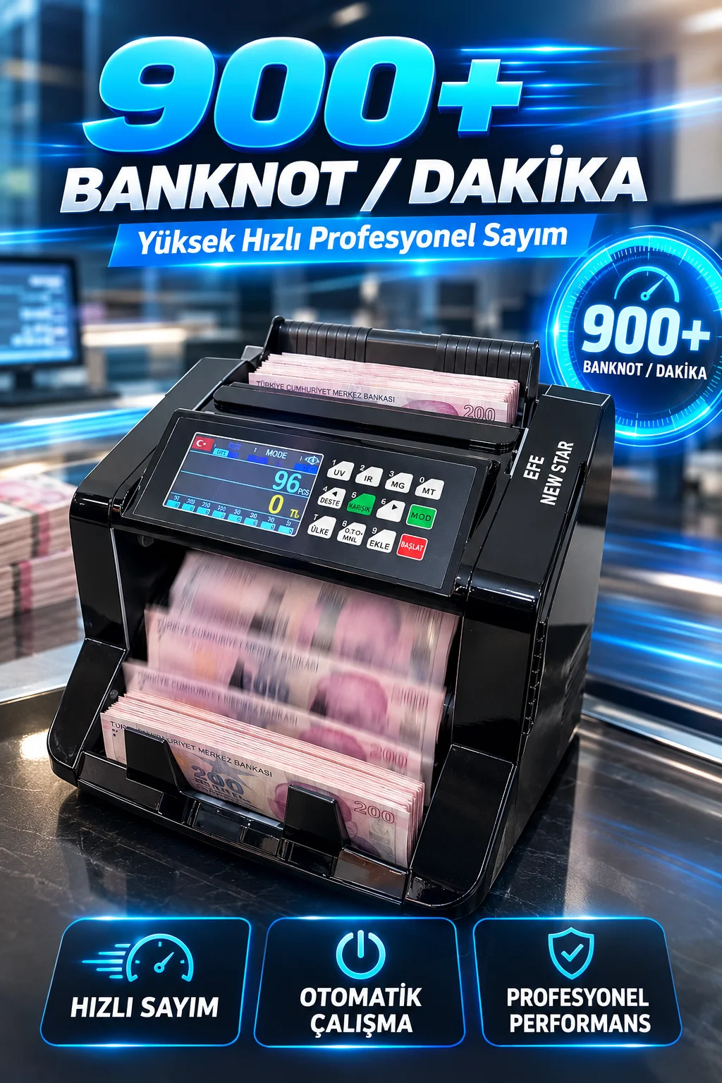 888t Profesyonel Çoklu Para Birimi Banknot Sayma Makinesi 900+ Adet/dk