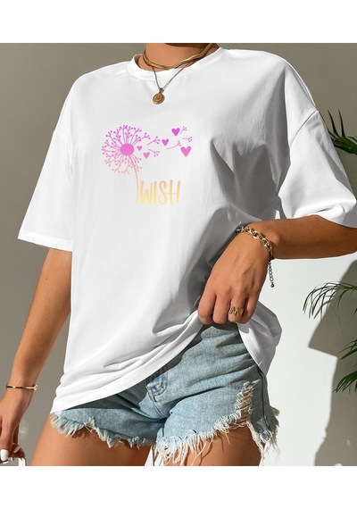 Aselinda Kadın Wısh Baskılı Özel Tasarım Bisiklet Yaka Pamuklu T-shirt Beyaz
