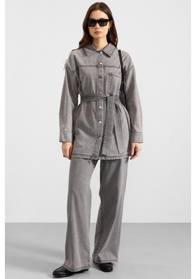 Olcay Metal Düğmeli Soft Denim Ceket Pantolon Gri 9401-tk