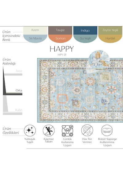 Cool Halı Happy Mavi Halı Vintage Çiçekli Kaymaz Taban Bohem Eskitme Salon Oturma Odası Halısı