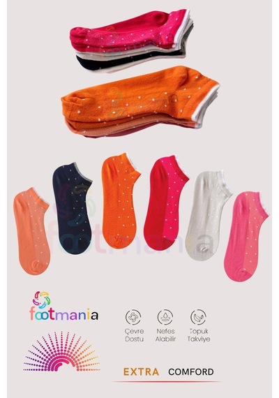 Footmania 5 Çift Sport Kadın Penye Puantiyeli Renkli Patik Çorap Seti Terletmez Çklu Renk