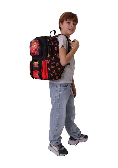 Kaukko Kids Dört Bölmeli Erkek Çocuk Yarış Arabası Baskılı Kırmızı - Siyah Okul Sırt Çantası - L5399