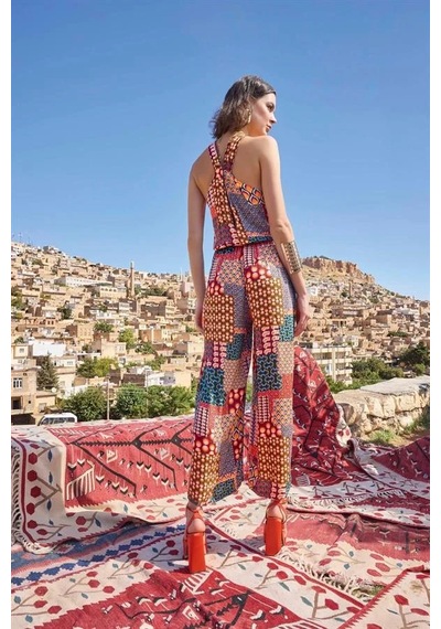 Angbutik Etnik Desenli Saten Tulum Renkli Geometrik