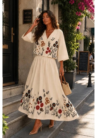 Asur Boutique Asur Butik Kadın Krem Çiçek Nakışlı Yelek Etek Takım Bohem V Yaka Dokuma 2'li Yazlık Takım Bej