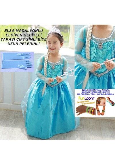 Elsa Karlar Ülkesi Elbise Prenses Kostüm+ Eldiven + 200 Pcs B Mavi