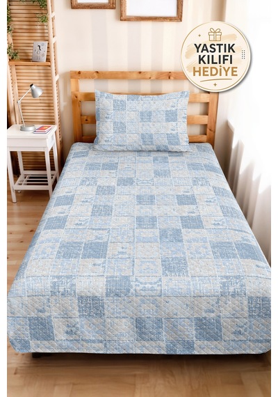 Mavi Geometrik Genç Odası Tek Kişilik Pike Takımı - Modern Beyaz 160x220 Cm Kapitone Yatak Örtüsü Mat Pencere İzi