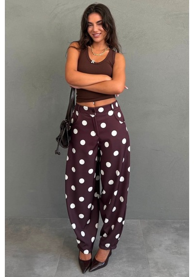 Madmext Kahverengi Puantiyeli Beli Lastikli Balon Kadın Pantolon Mg2886