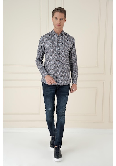 Efor Slim Fit Baskılı %100 Pamuk Spor Mavi Gömlek G 1586 Mavi