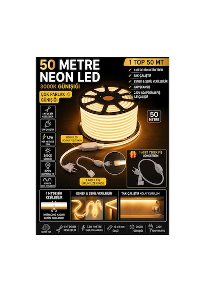 50 Metre Neon Led Şerit Led,günışığı-3000k, Esnek Led Çok Parlak,led, Kesilebilir,dekoratif Dış Aydınlatma Bahçe Aydınlatma,tavan Aydınlatma,gözalıcıaydınlatma