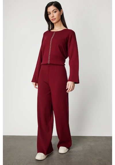 On Kadın Beli Lastikli Bol Paça Triko Pantolon 63321 Bordo Bordo