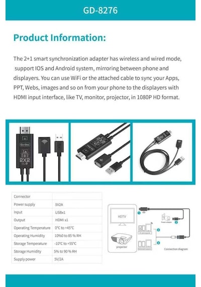 Go Des GD-8276 Wireless Display Dongle Kablosuz HDMI 1080p Görüntü Aktarım 110 cm - Siyah ZORE-260166