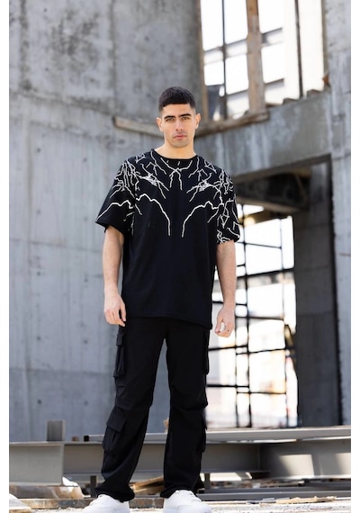 Moda Assema Erkek Yıldırım Şimşek Baskılı T-shirt Kısa Kol Bisiklet Yaka Tişört - Siyah
