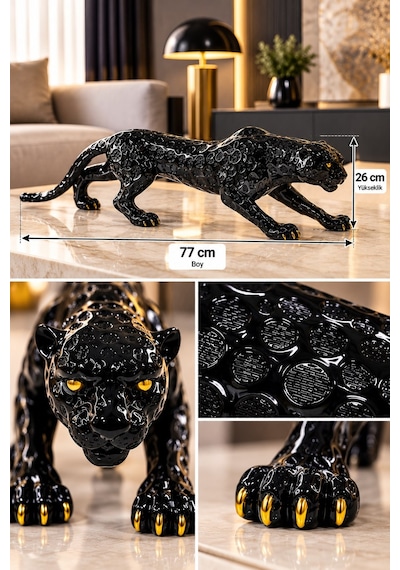 Siyah Gold Detaylı Panter Biblo 77 Cm Dekoratif Heykel